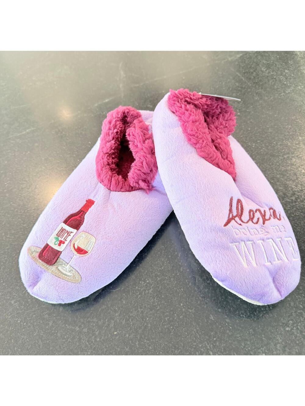 Snoozies Alexa bring the Wine Slippers Pink L  9/10 NWT Cozy non slip